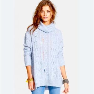 FREE PEOPLE Complex Cable Knit Pullover - Light Blue Cowl-neck Sweater - MEDIUM